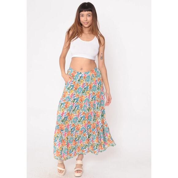 Cynthia Rowley Floral Tiered Maxi Skirt Size S Multicolor Pockets Y2K Rayon - Picture 1 of 11